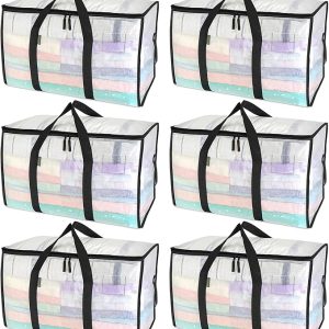 BALEINE 6-Pack Oversized Moving Bags with Reinforced Handles, Heavy-Duty Storage Tote for Clothes, Moving Supplies (Clear, 6-Pack)