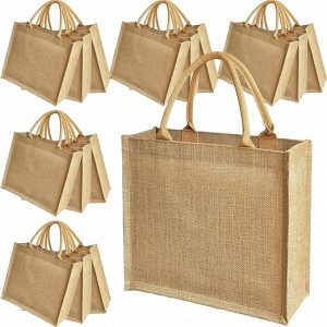 15 Pack Burlap Tote Bags 12x12x6 Inch Natural Jute Handbags with Waterproof Lining, Reusable DIY Gift Bags for Wedding Beach Shopping