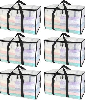 BALEINE 6-Pack Oversized Moving Bags with Reinforced Handles, Heavy-Duty Storage Tote for Clothes, Moving Supplies (Clear, 6-Pack)