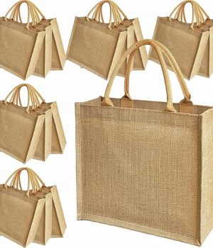 15 Pack Burlap Tote Bags 12x12x6 Inch Natural Jute Handbags with Waterproof Lining, Reusable DIY Gift Bags for Wedding Beach Shopping
